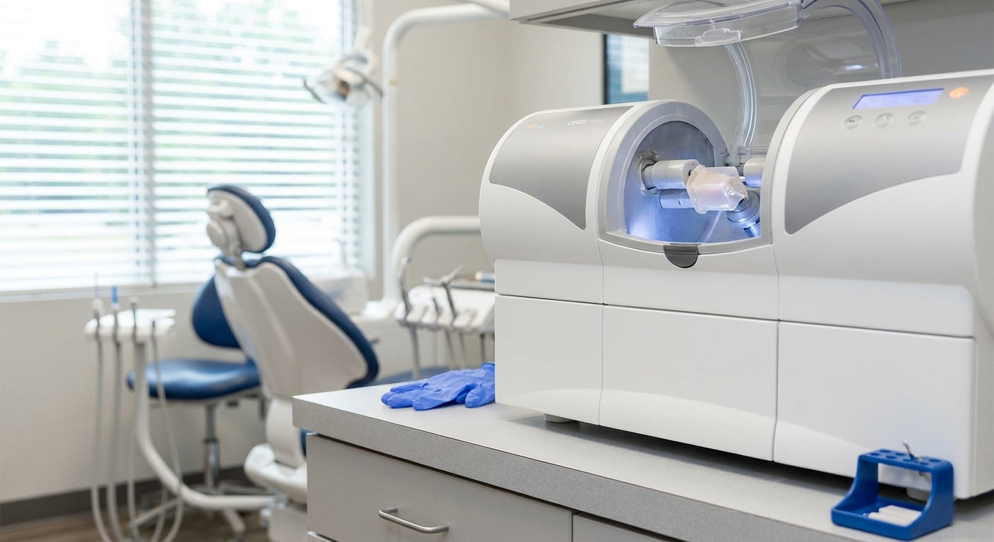 CEREC milling machine fabricating a ceramic dental crown in treatment room at View Dental Raleigh