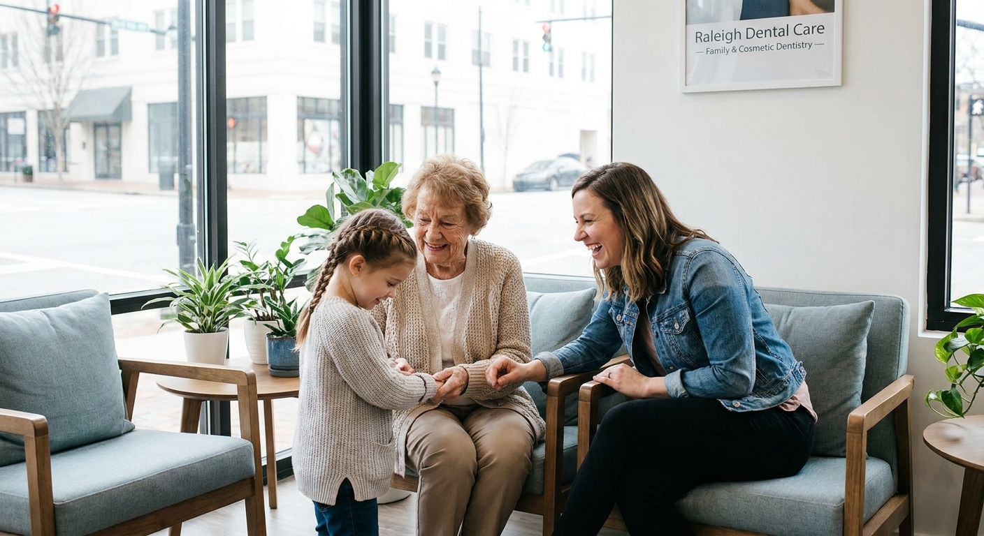 Three generations of a family—grandmother, mother, and young daughter—sitting together in a bright, modern dental office waiting room in Raleigh