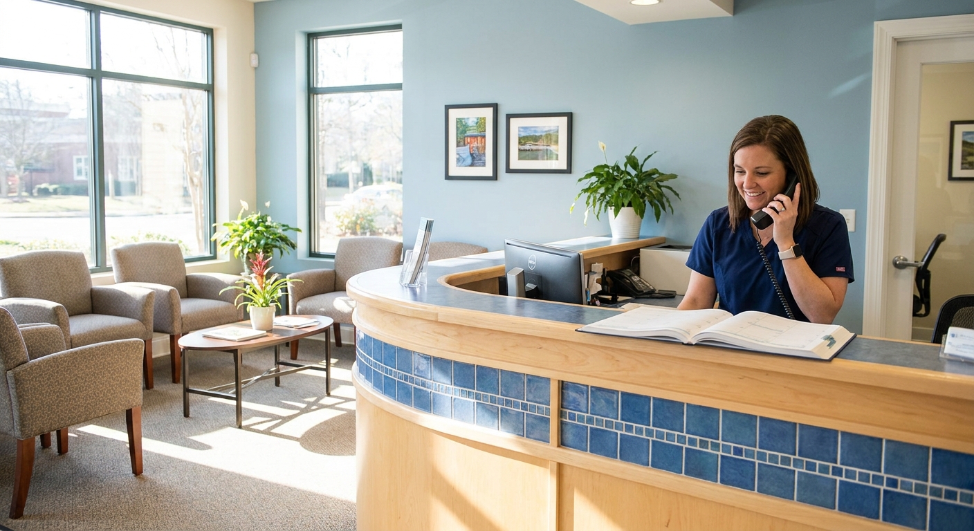 View Dental Raleigh reception area with staff member scheduling appointments by phone