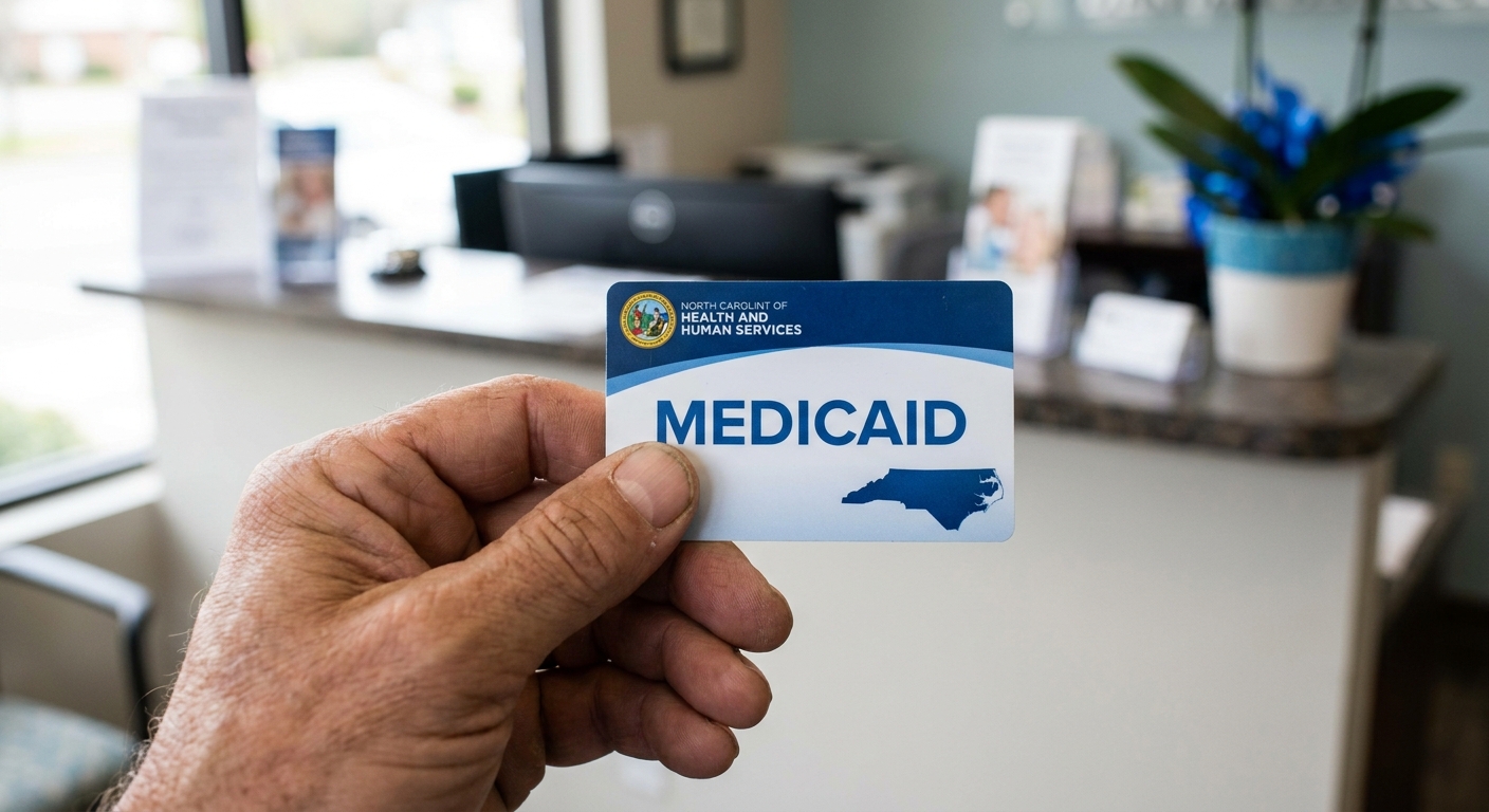 Person holding Medicaid insurance card at dental office reception desk