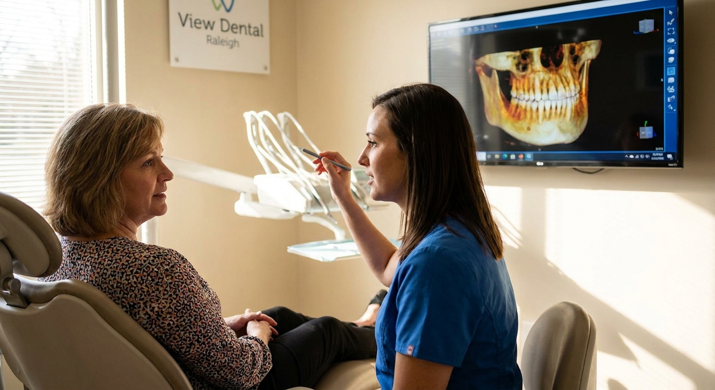 Dentist reviewing 3D CBCT scan with patient on monitor during dental implant consultation at View Dental Raleigh