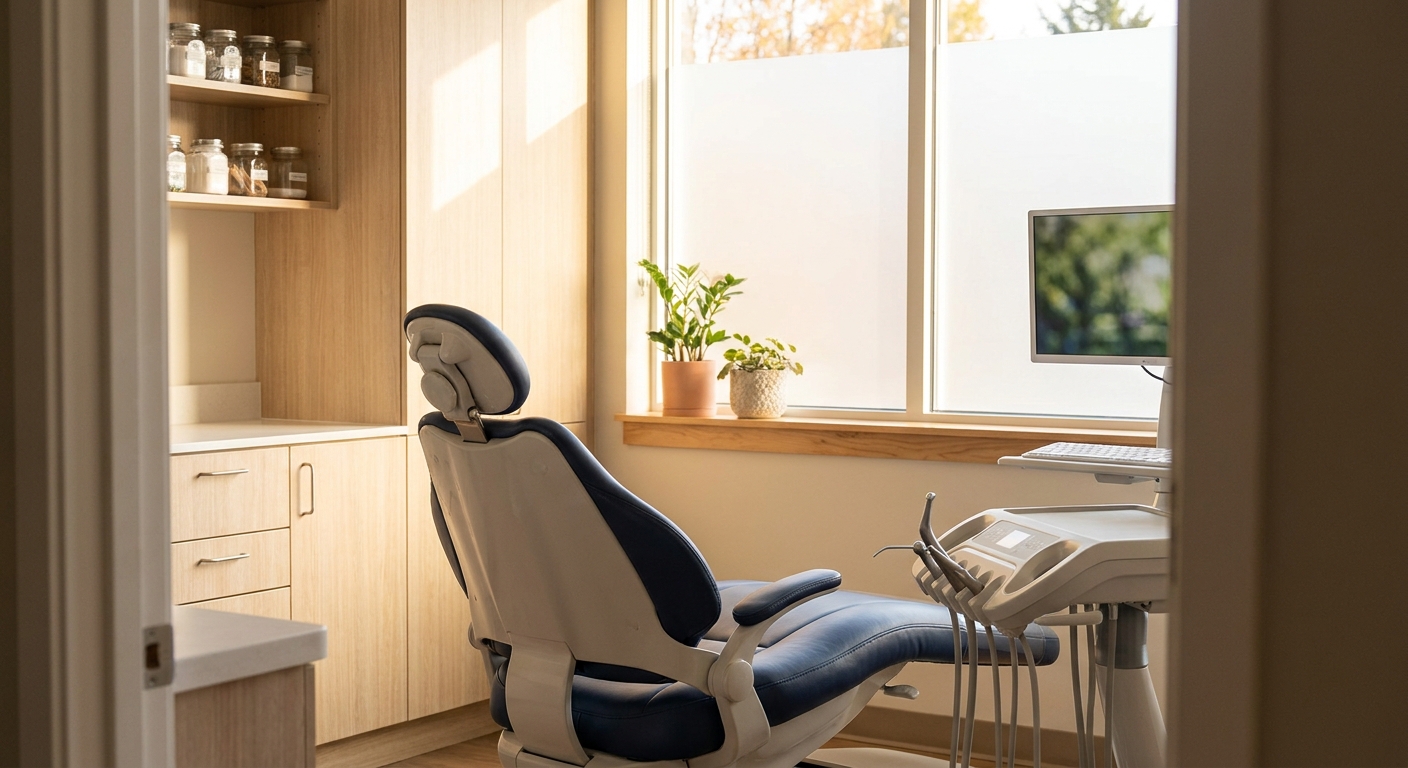 Modern dental examination room at View Dental Raleigh with navy treatment chair and natural window lighting