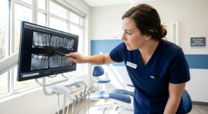 Dental hygienist reviewing digital X-rays on computer monitor during comprehensive dental exam at Raleigh practice
