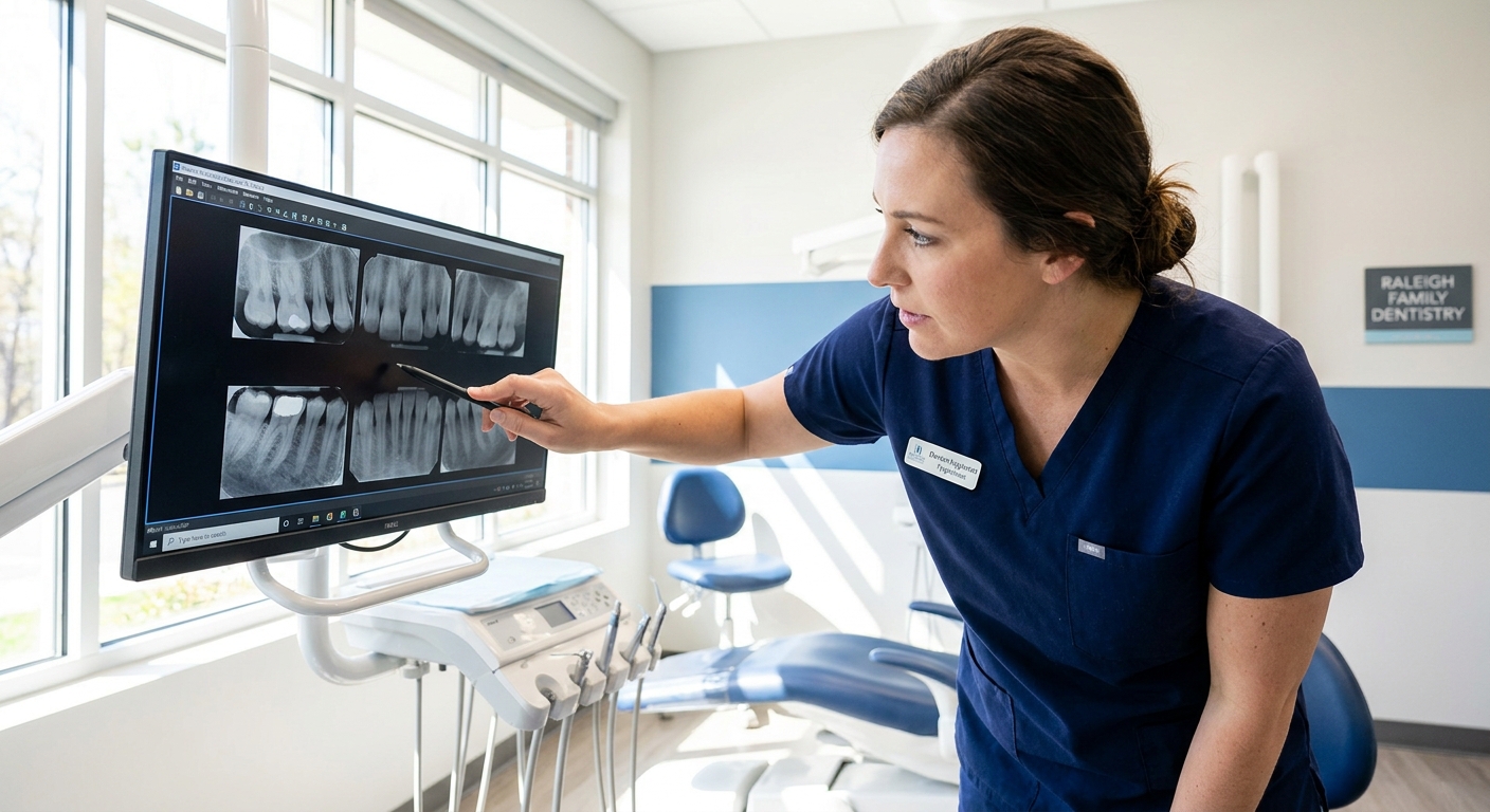 Dental hygienist reviewing digital X-rays on computer monitor during comprehensive dental exam at Raleigh practice