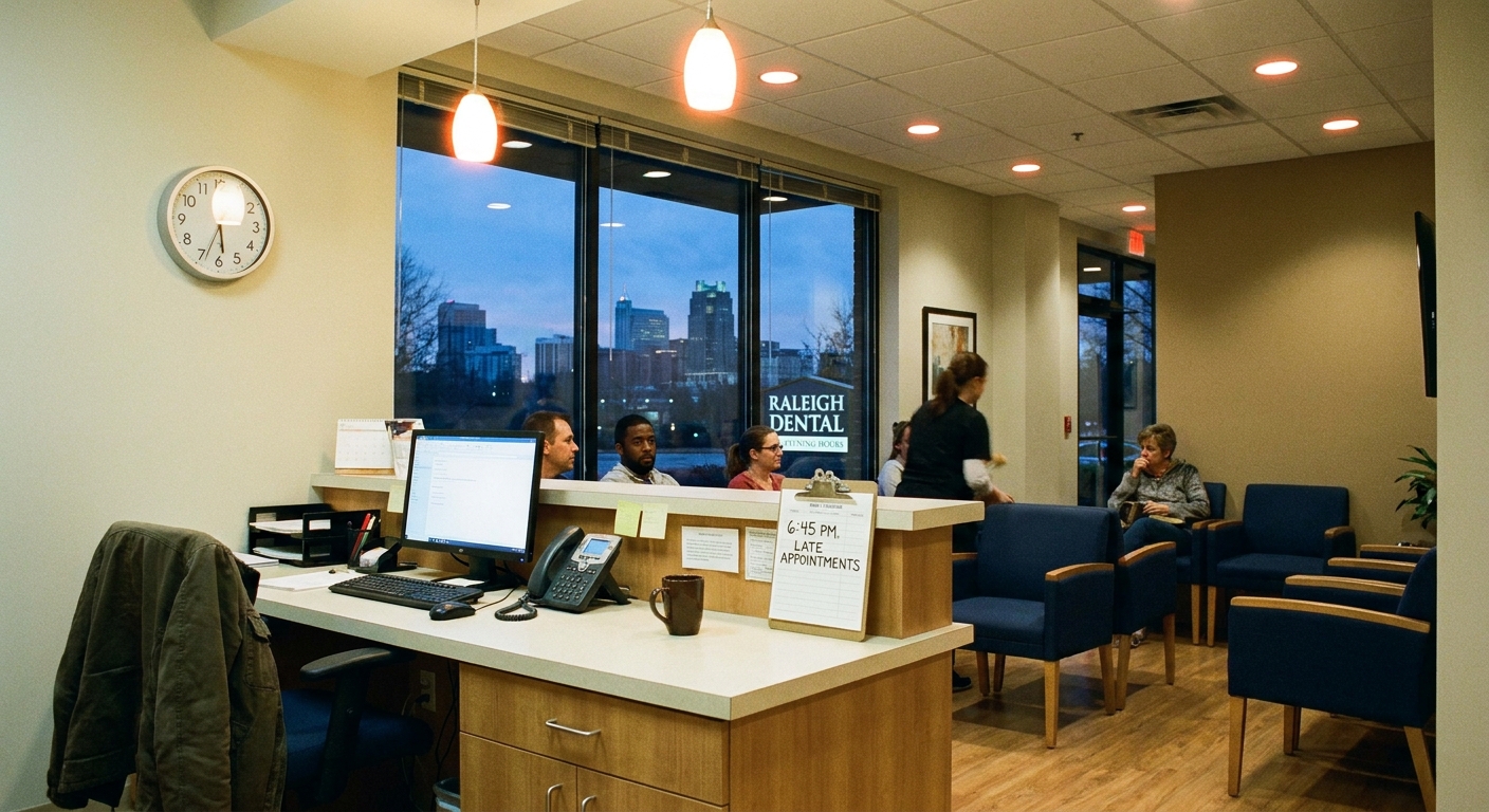 View Dental Raleigh reception desk during after-hours with lights on and phone ready, showing extended availability for same-day emergency dental care