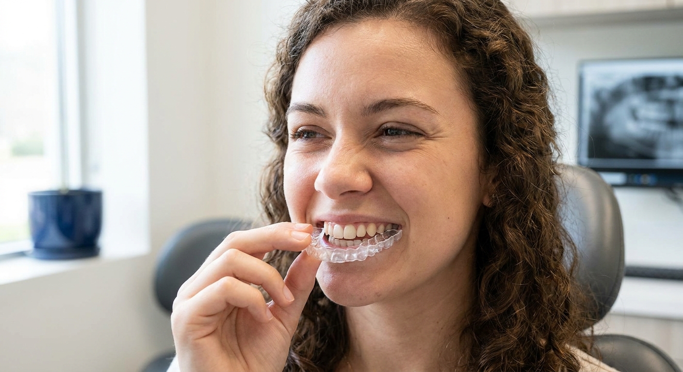 Patient examining a clear aligner tray while smiling in a Raleigh dental office, showing natural teeth suitable for orthodontic evaluation