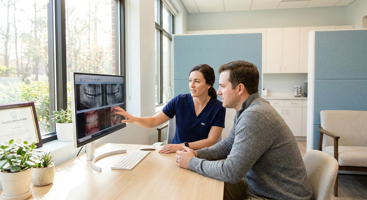 Dentist and patient reviewing dental images together on computer screen during consultation at View Dental Raleigh