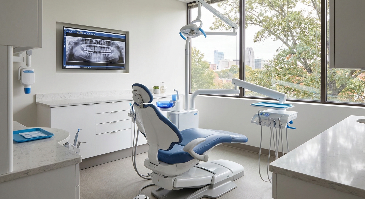 Modern dental operatory room with natural light, dental chair, digital monitor, and contemporary equipment at a Raleigh dental practice
