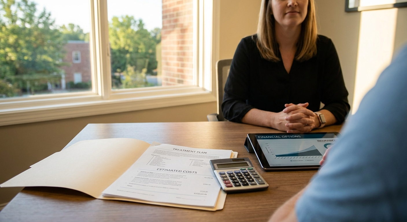 Dental treatment plan documents and calculator on consultation desk at View Dental Raleigh, representing transparent cost discussion before financing decisions
