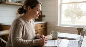 Woman reviewing dental treatment plan and financing options at kitchen table in natural light
