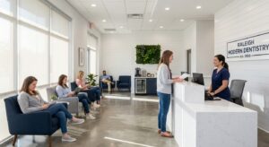 View Dental Raleigh reception area with front desk staff assisting a patient in a bright, welcoming office near Cameron Village