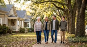 Multi-generational family walking together on a sunny Raleigh neighborhood street
