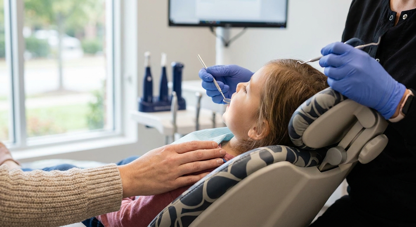 Dental hygienist examining child's teeth during preventive cleaning appointment with parent present at View Dental Raleigh