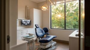 Modern dental operatory at View Dental Raleigh with navy blue chair, overhead surgical light, digital monitor, and large window showing natural daylight